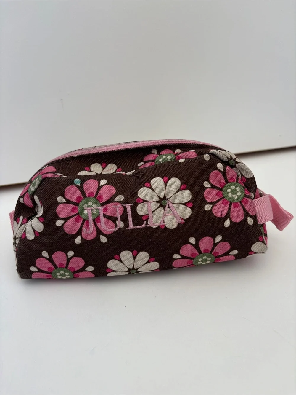 Vintage Pottery Barn Kids Floral Cosmetic Travel Toiletries Bag Zip Brown Pink
